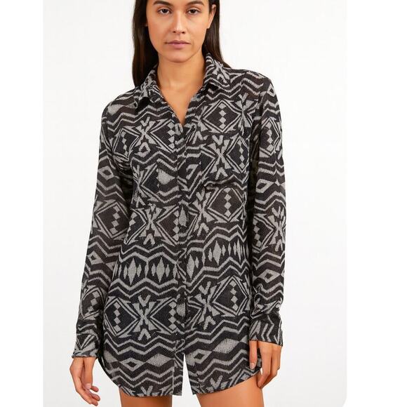 Kardashian Kollection blouse KK semi sheer button up aztec print top SZ XS - Picture 1 of 8
